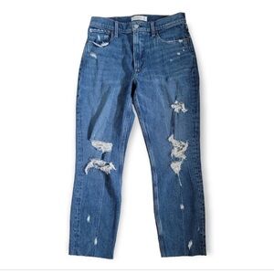 Abercrombie and Fitch high rise mom jean raw hem distressed denim. Item 086